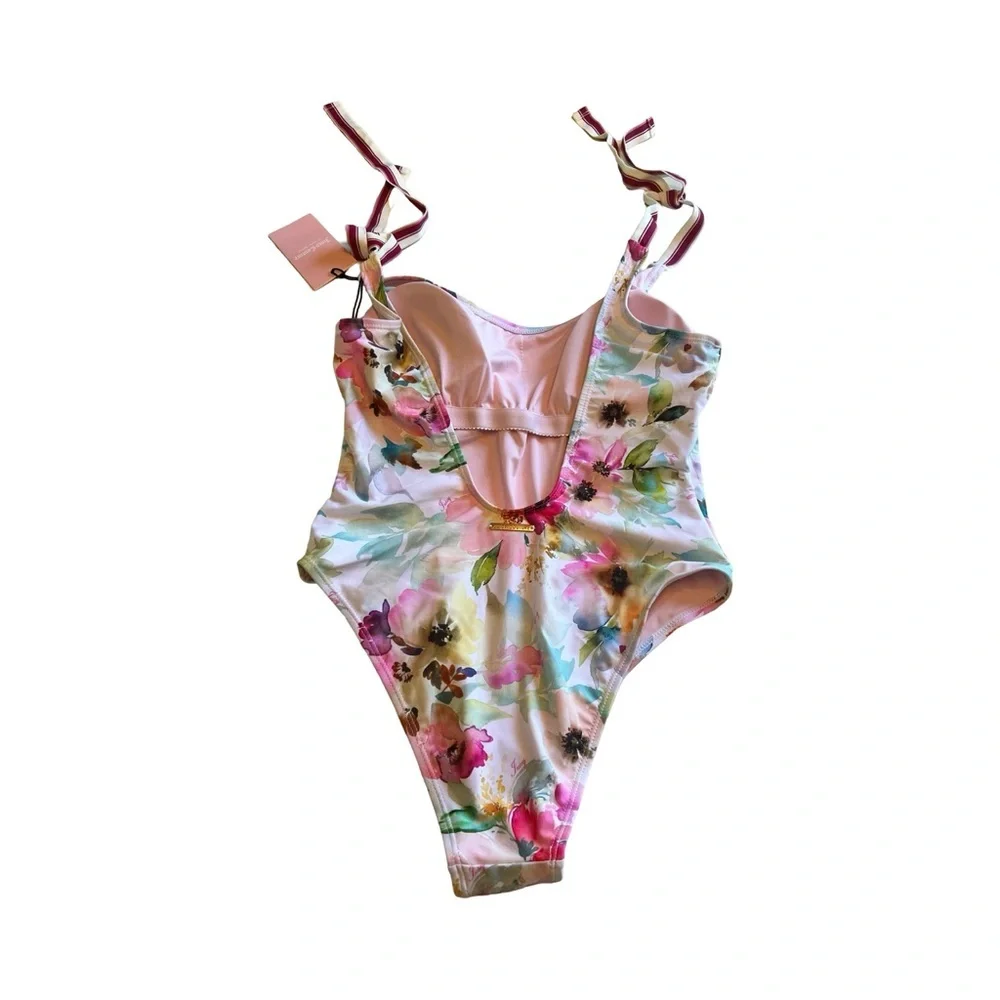 Juicy Couture Floral‎ One Piece Swimsuit Pink Watercolor Tie Shoulder Medium NWT